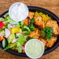 Chicken Kabob · Gluten free, Halal. Juicy marinated chunks of chicken breast, seasoned with flavors and gril...