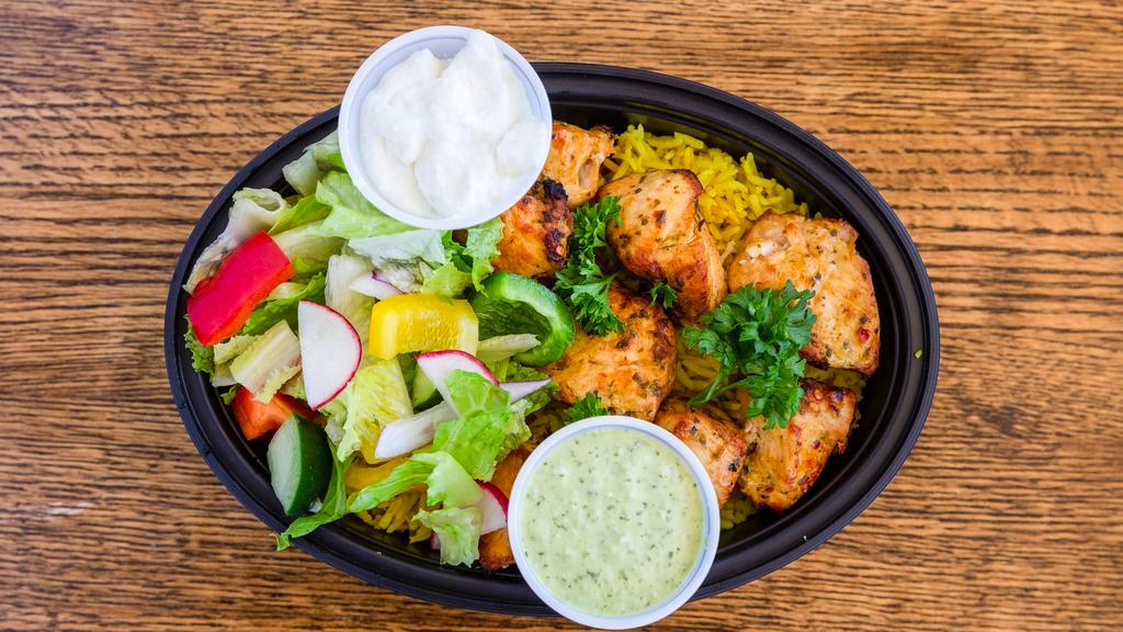 Chicken Kabob · Gluten free, Halal. Juicy marinated chunks of chicken breast, seasoned with flavors and grilled to perfection