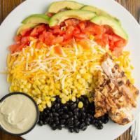 Southwestern Salad · Gluten free. Vegetarian. Our fresh greens topped with black beans, avocado, cheddar and jack...