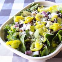 Greek Goddess Salad · Mixed Greens, Red onion, Kalamata Olives, Pepperoncini, Tomatoes, & Feta cheese. Served with...
