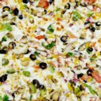 Veggie Pizza · Mushrooms, green peppers, onions, black olives, tomatoes & hot peppers