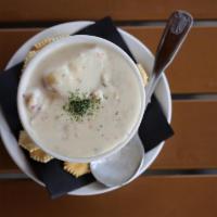 Clam Chowder · Creamy white broth, red bliss potatoes, fresh local clams. Served with oyster crackers