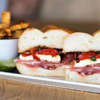 Proscuitto Grinder · Proscuitto, basil, fresh mozzarella, roasted peppers, balsamic glaze, hoagie roll
