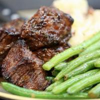 Teriyaki Steak Tips · 8oz. marinated steak tips. Served with mashed potatoes & garlic green beans