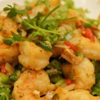 Salty Pepper Shrimp · Lightly breaded jumbo shrimp with chili and spicy salt.