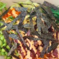 Tuna Poke Bowl · Rice, tuna, lettuce, cucumber, avocado, edamame, seaweed salad, carrot, masago, shredded sea...