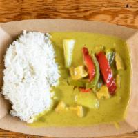Yellow Curry · Yellow curry paste made from scratch with coconut milk, potatoes, red, and green bell pepper...