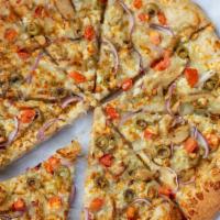 Bbq Chicken Pizza · Our BBQ chicken pizza is topped with bacon bits, cheddar cheese, grilled chicken, mozzarella...