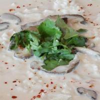 Spicy Coconut Soup Small ♨️(Gf) · Chicken, rice, shiitake mushrooms, lemongrass, cilantro, snap peas, coconut milk and lime. (...