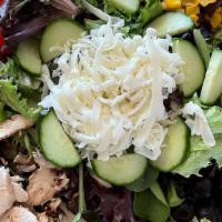 Dinner Salad · Fresh lettuce, tomatoes, mushrooms, black olives, mozzarella cheese, corn, green beans and c...