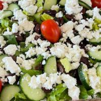 Greek Salad · Fresh romaine lettuce, bell peppers, tomatoes, greek olives, cucumbers, feta cheese and bals...