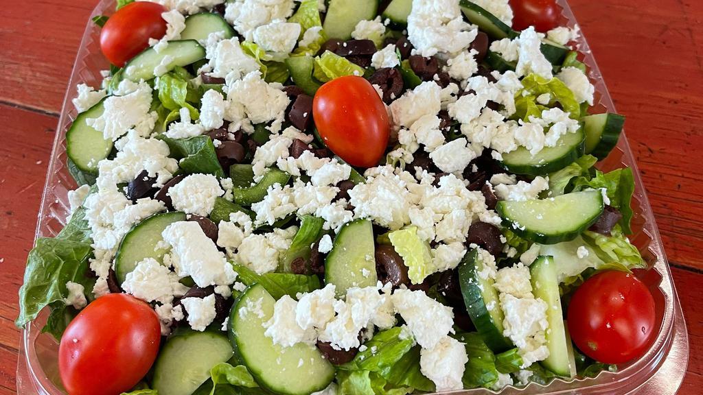 Greek Salad · Fresh romaine lettuce, bell peppers, tomatoes, greek olives, cucumbers, feta cheese and balsamic dressing