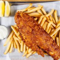 Fish & Chips · Fresh haddock, beer battered and fried served with fries, tartar sauce, coleslaw, lemon wedge