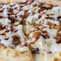 Bbq Chicken Bacon Ranch · BBQ sauce, mozzarella, chicken, bacon, drizzled with ranch and BBQ sauce.