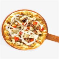 Monterey · Firenza roasted garlic sauce, mozzarella, chicken, bacon, tomatoes, parmesan, drizzled with ...