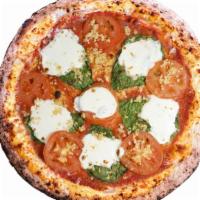 Queen Margherita · Red Sauce, Ovalini, Fresh Basil, Sliced Tomatoes, Roasted Garlic