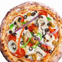 The Brick · Red Sauce, Mozzarella, Italian Sausage, Pepperoni, Red Onions, Mushrooms, Bell Peppers, Blac...