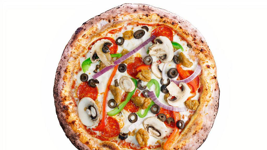 The Brick · Red Sauce, Mozzarella, Italian Sausage, Pepperoni, Red Onions, Mushrooms, Bell Peppers, Black Olives