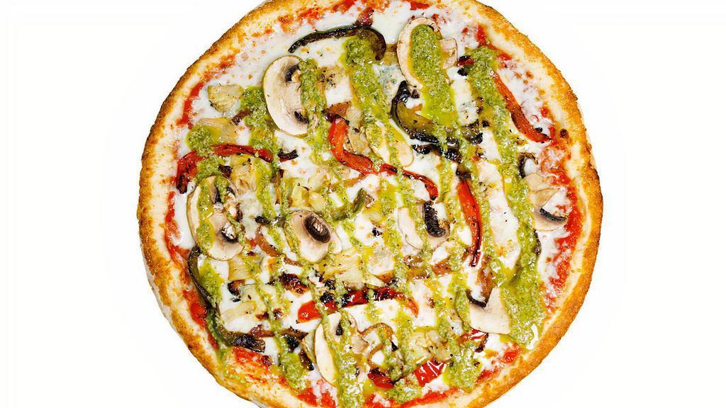 Bad Hunter · Red Sauce, Mozzarella, Gorgonzola, Roasted Bell Peppers, Mushrooms, Roasted Artichokes, Caramelized Onions, Pesto Drizzle