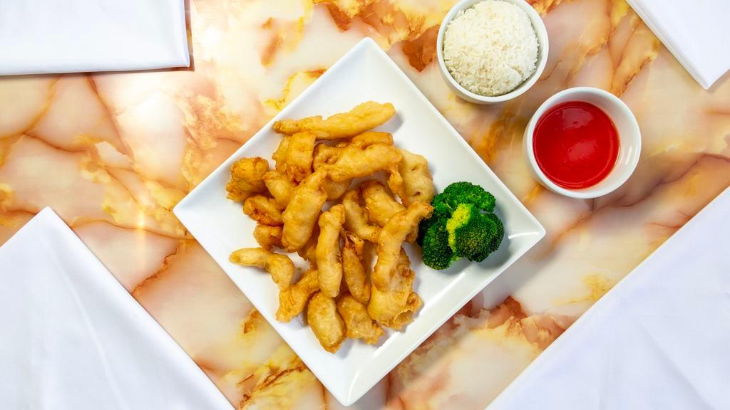 Sweet Sour Chicken /甜酸鸡 · Deep-fried breaded white meat chicken with sweet sour sauce on the side.