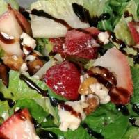 S4 -Summer Salad · MIXED GREENS, STRAWBERRIES, GOAT CHEESE, CANDIED WALNUTS, BALSAMIC GLAZE; OVER ROMAINE LETTU...