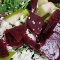 S8 -Beet Salad · BEETS, BABY ARUGULA, GOAT CHEESE, CANDIED WALNUTS, SLICED GREEN APPLES, AND A. BALSAMIC VINA...