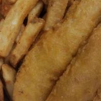 Fish And Chips · Fish and chips served with side of coleslaw and fries.