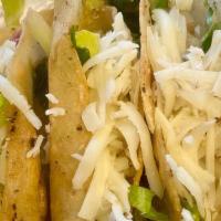 Chicken Crispy Tacos · (3) Shredded Chicken Breast Crispy Tacos Topped w/ Green Salsa, Lettuce, Tomatoes, & Cheese