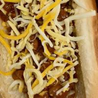 Chuco Chili Cheese Dog · 100% ALL BEEF BACON WRAPPED HOTDOG TOPPED W/ OUR FAMOUS ELP CHILE CON CARNE & SHREDDED MEXIC...