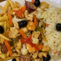 Chicken Cubes With Shrimp And Portuguese Sausage · Comes with rice and fries (Picadinho de frango); Portuguese Style