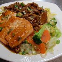 Beef & Salmon · Served with Mixed Vegetabke, Rice or Noodle.