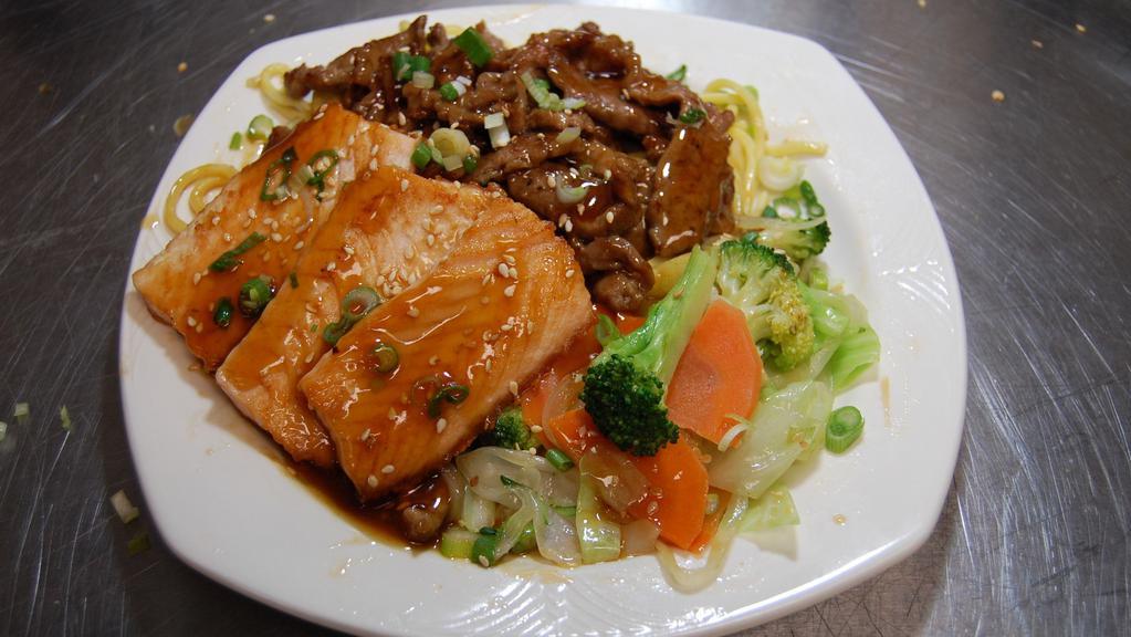 Beef & Salmon · Served with Mixed Vegetabke, Rice or Noodle.