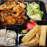 Bento  Chicken & Shrimp · Bento Box Featuring Your Choice of Hibachi, Served with Mix Vegetable, Rice or Noodles, Plus...