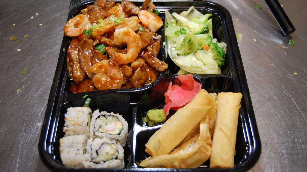 Bento  Chicken & Shrimp · Bento Box Featuring Your Choice of Hibachi, Served with Mix Vegetable, Rice or Noodles, Plus 4 Pcs. California Roll, 2Pcs. Chicken Dumpling, 2 Pcs. Spring Roll.