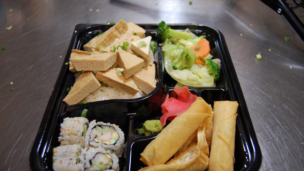 Bento    Tofu · Bento Box Featuring Your Choice of Hibachi, Served with Mix Vegetable, Rice or Noodles, Plus 4 Pcs. California Roll, 2Pcs. Chicken Dumpling, 2 Pcs. Spring Roll.