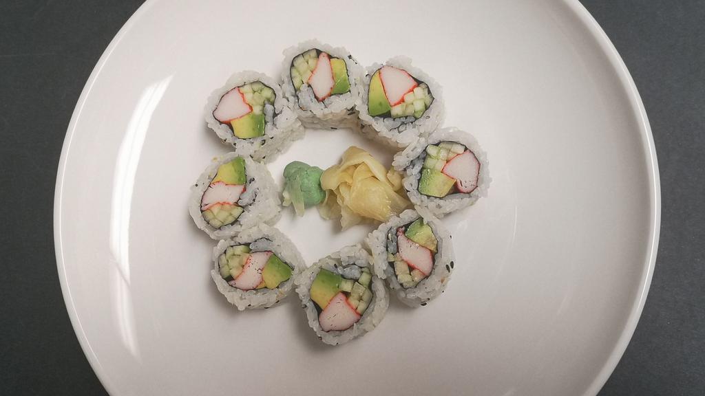 California  Roll · Crab &Avocado and Cucumber. Rice on the outside. 8 pieces.