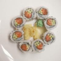 Salmon Roll · Salmon and Cucumber. Rice on the outside. 8 pieces.