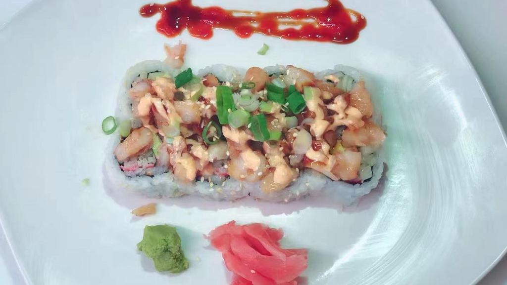 Dancing Shrimp · California roll &  spicy shrimp. 8PCS
Eel sauce & Spicy Mayo  on the Top!!!!!!!!!