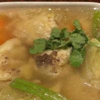 Wonton Soup · Stuffed ground shrimp and chicken with napa cabbage, celery, carrots, scallions and cilantro...