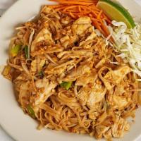 Pad Thai · Vegetarian.Gluten free.Stir-fried with small rice noodles, egg, bean sprouts, scallions and ...