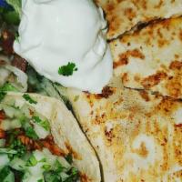 Shrimp Quesadilla · 10inch Flour Tortilla with Melted Jack Cheese, our special seasoned Grilled shrimp Lettuce, ...
