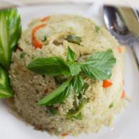 Green Curry Fried Rice · Gluten free. Spicy. Vegan. Jasmine rice pan-fried with green coconut curry sauce and bell pe...