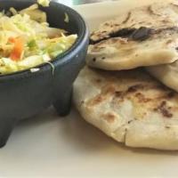 Papusas · Thick tortilla filled with: plain cheese, loroco flower bud and cheese, beans and cheese, po...