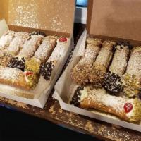 Dozen Large Cannoli · 12 Cannoli of your choice filled with sweetened ricotta dipped in toppings and dusted with p...