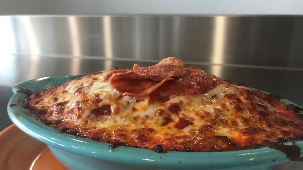 Baked Spaghetti · Baked Spaghetti Noodles with Meat Sauce Topped with Mozzarella Cheese and Pepperoni