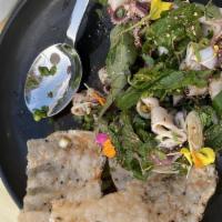 Squid Salad · Gluten free. Laab pla muak - Monterey squid, herbs, rice powder. Chili powder, sesame shrimp...