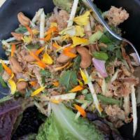 Crunchy Catfish Salad · Gluten free. Yum pla dook phu - minced fried catfish, mango, avocado, chrysanthemum, cashew ...