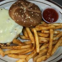 Chicken Breast Sandwich · Six ounce chicken breast topped with lettuce, tomato, and mayo on a wheat bun. Served with p...