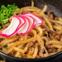 Yaki Udon · Ribeye steak slices, onion, chive, kamaboko, and shiitake mushroom, all stir fried with boni...