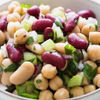 Three Bean Salad (Vegan) · Black, pinto, and garbanzo beans with onion and a dill lemon vinaigrette, served in a 5.5 oz...